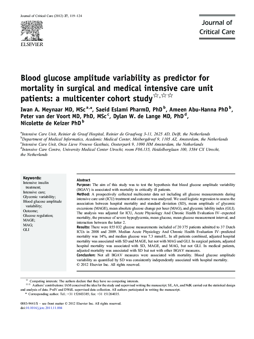 Blood glucose amplitude variability as predictor for mortality in surgical and medical intensive care unit patients: a multicenter cohort study