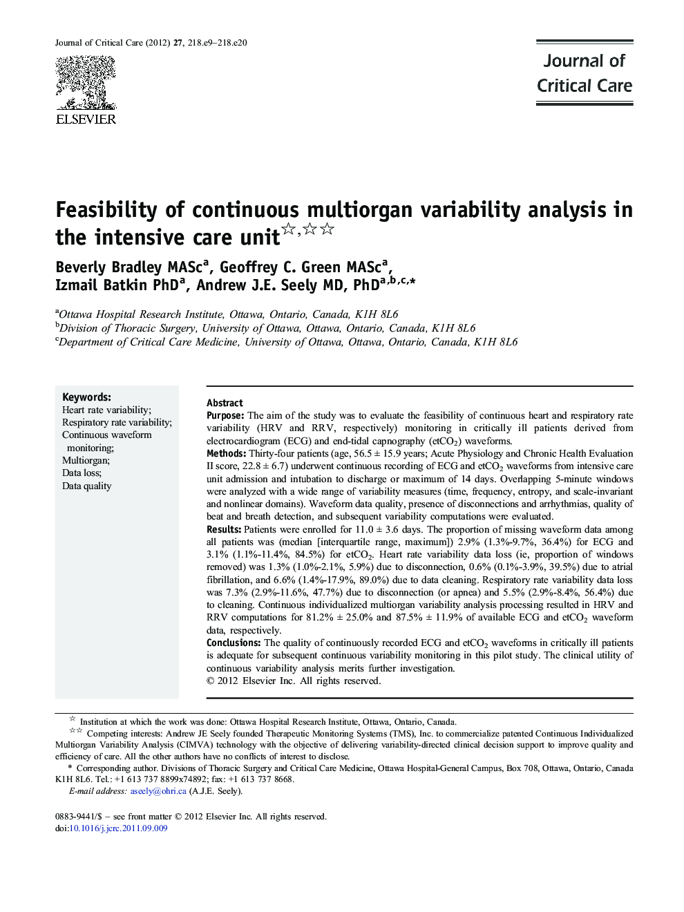 Feasibility of continuous multiorgan variability analysis in the intensive care unit