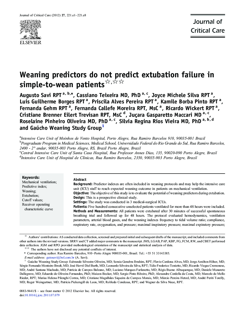 Weaning predictors do not predict extubation failure in simple-to-wean patients