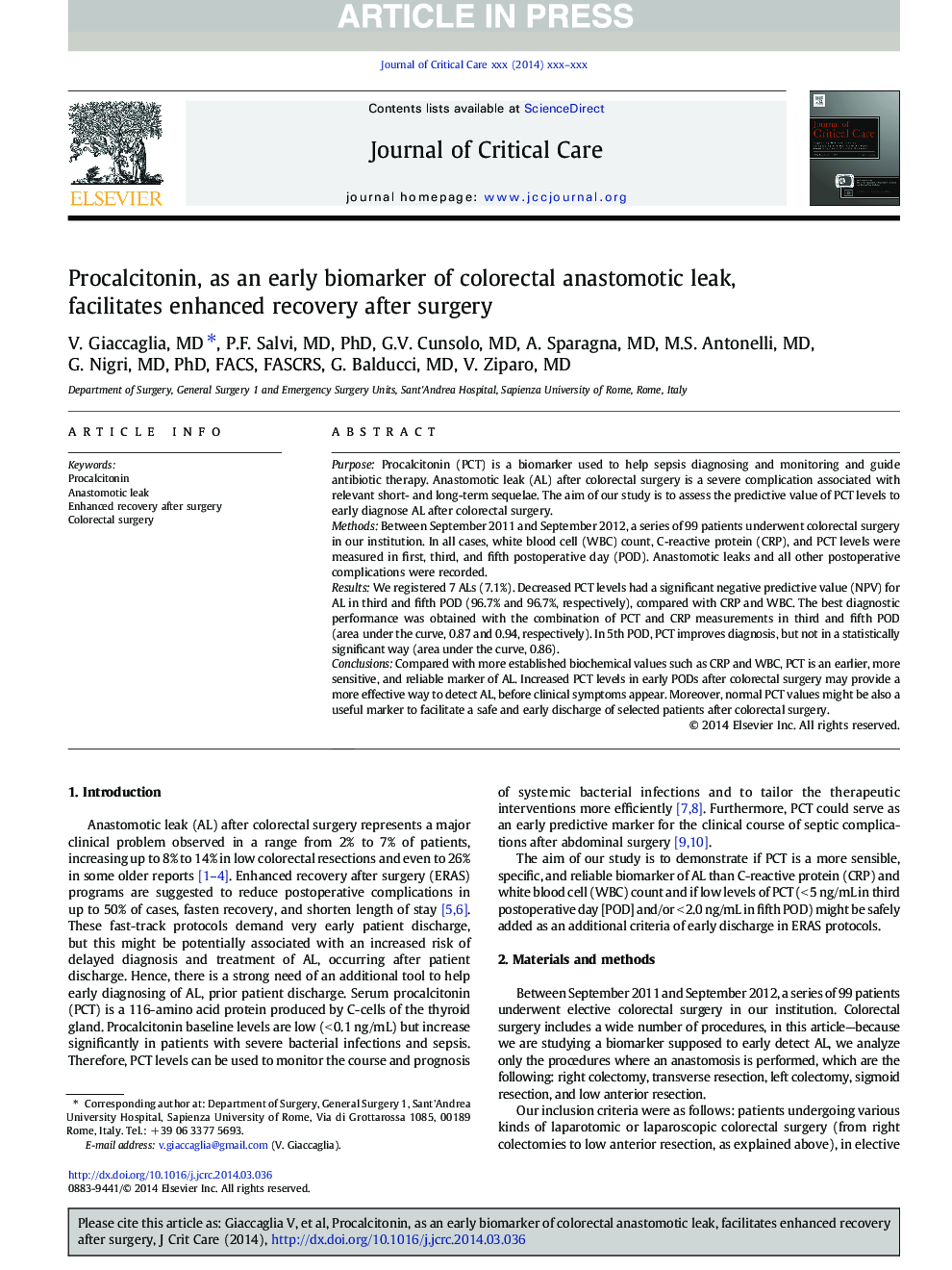 Procalcitonin, as an early biomarker of colorectal anastomotic leak, facilitates enhanced recovery after surgery