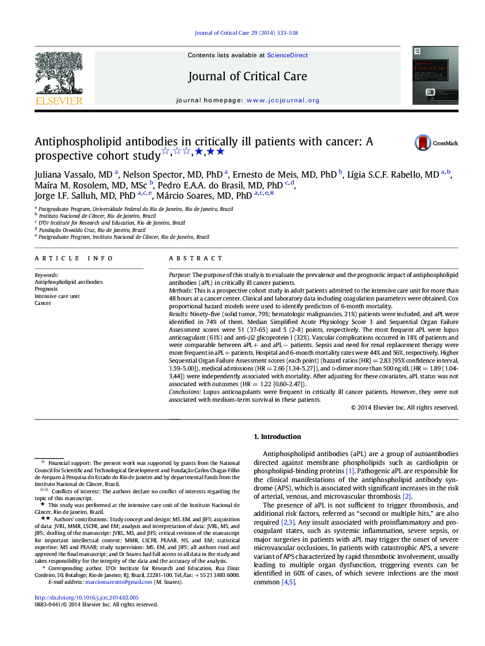 Antiphospholipid antibodies in critically ill patients with cancer: A prospective cohort studyâââ