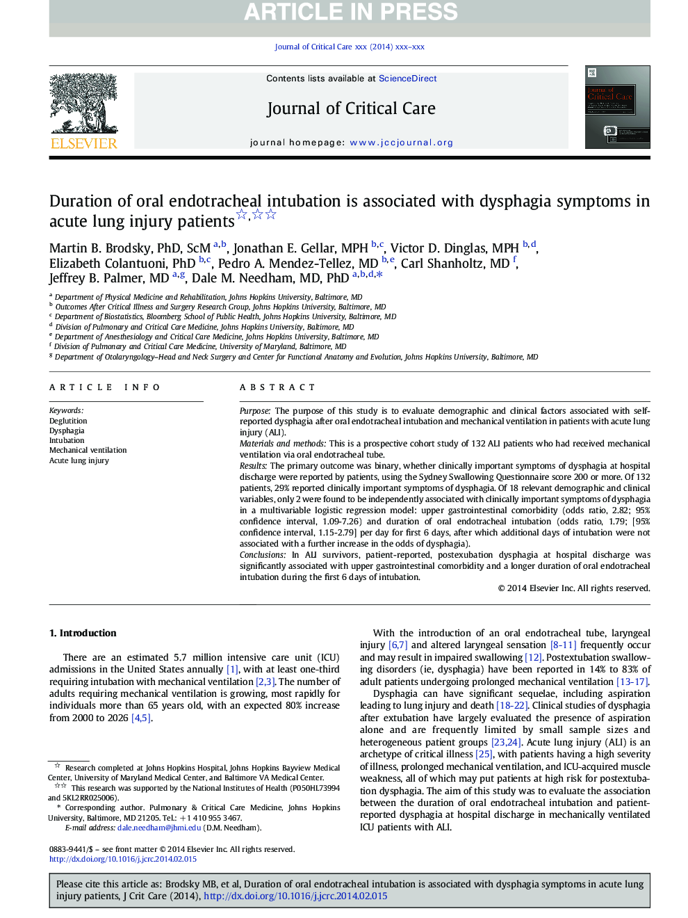 Duration of oral endotracheal intubation is associated with dysphagia symptoms in acute lung injury patients