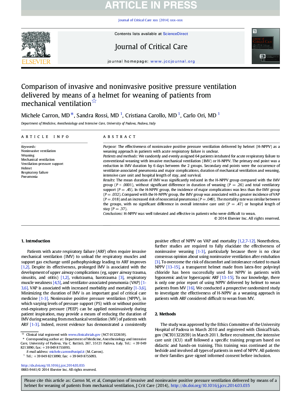 Comparison of invasive and noninvasive positive pressure ventilation delivered by means of a helmet for weaning of patients from mechanical ventilation