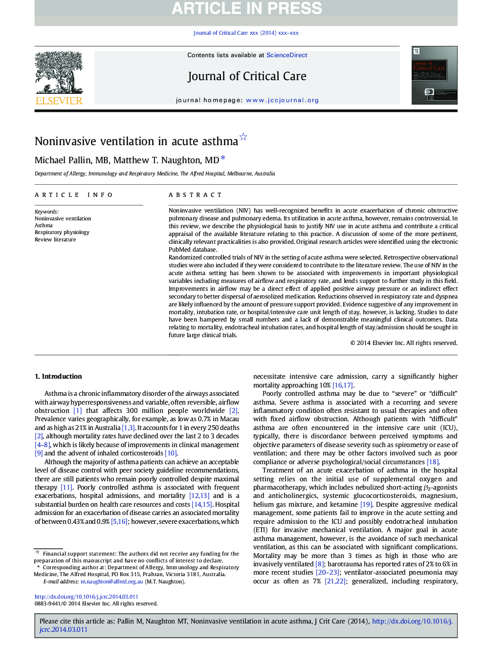 Noninvasive ventilation in acute asthma