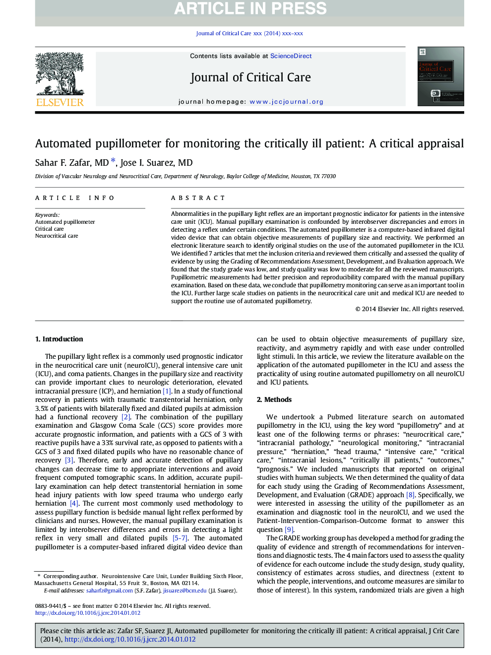 Automated pupillometer for monitoring the critically ill patient: A critical appraisal