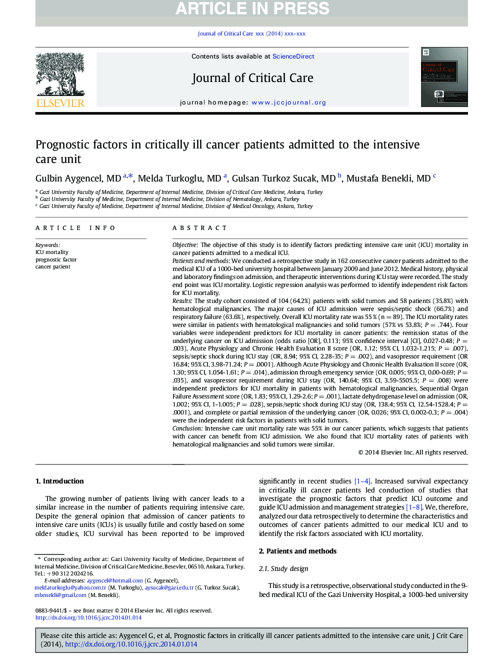 Prognostic factors in critically ill cancer patients admitted to the intensive care unit