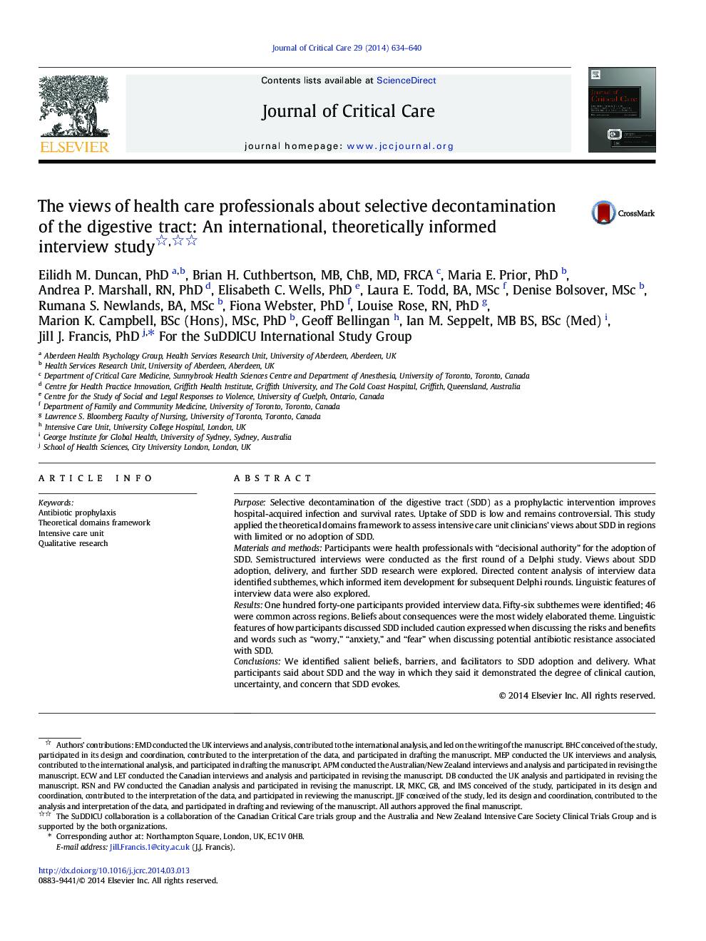 Clinical PotpourriThe views of health care professionals about selective decontamination of the digestive tract: An international, theoretically informed interview study