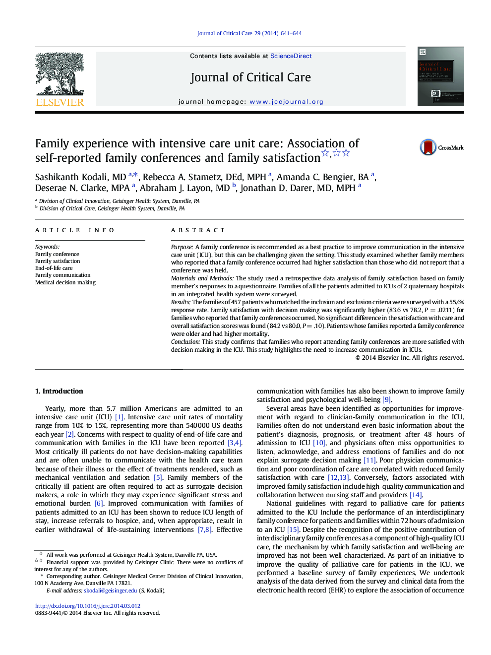 Family experience with intensive care unit care: Association of self-reported family conferences and family satisfaction