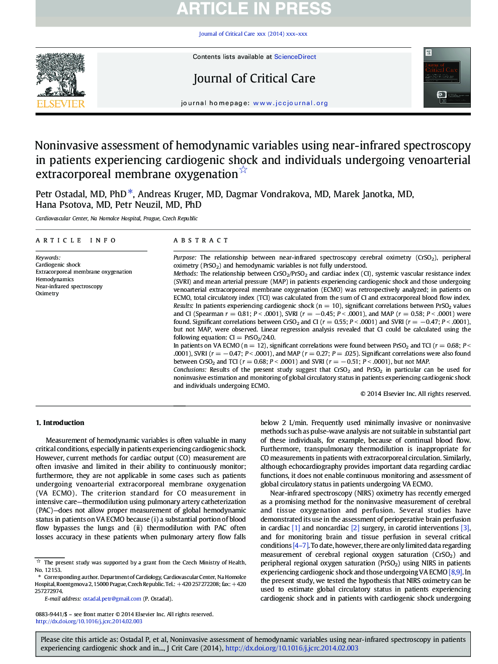 Noninvasive assessment of hemodynamic variables using near-infrared spectroscopy in patients experiencing cardiogenic shock and individuals undergoing venoarterial extracorporeal membrane oxygenation