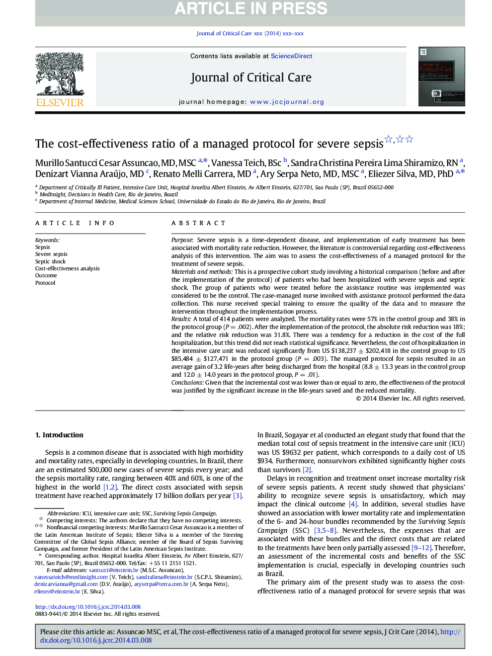 The cost-effectiveness ratio of a managed protocol for severe sepsis