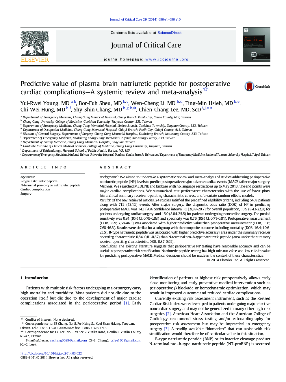 Predictive value of plasma brain natriuretic peptide for postoperative cardiac complications-A systemic review and meta-analysis