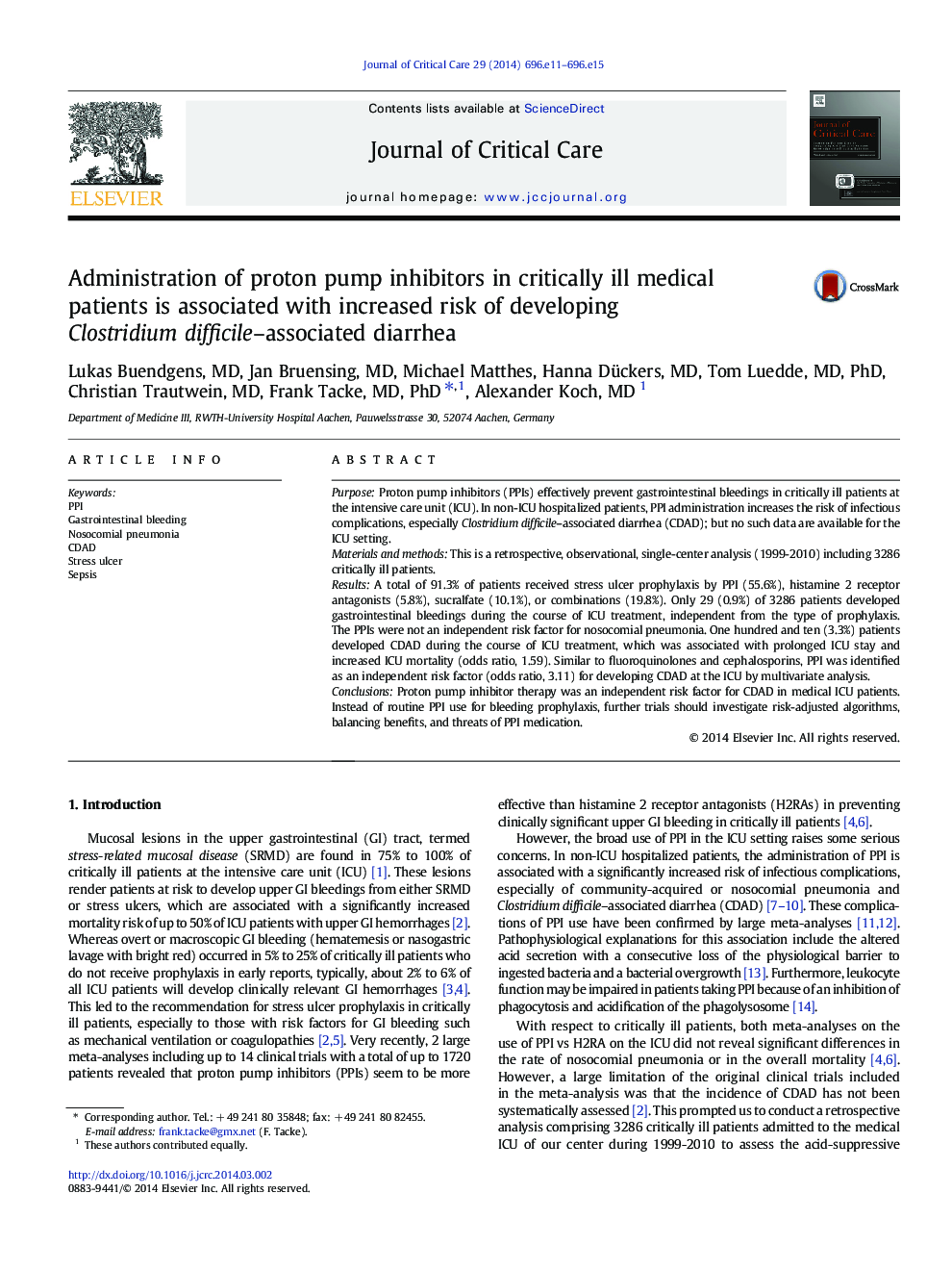 Electronic ArticleAdministration of proton pump inhibitors in critically ill medical patients is associated with increased risk of developing Clostridium difficile-associated diarrhea