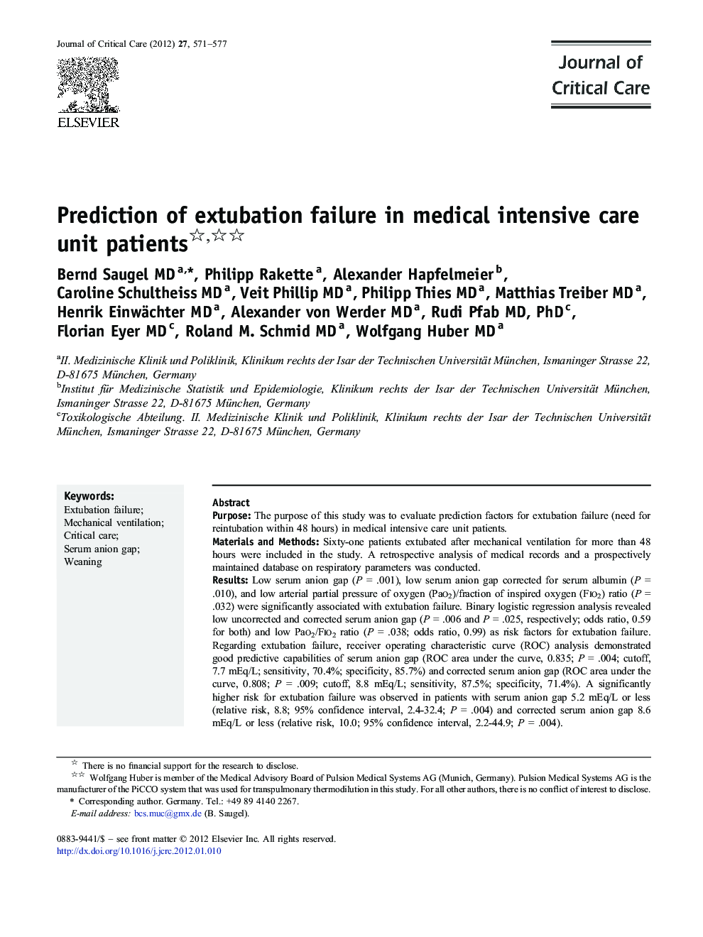 VentilationPrediction of extubation failure in medical intensive care unit patients