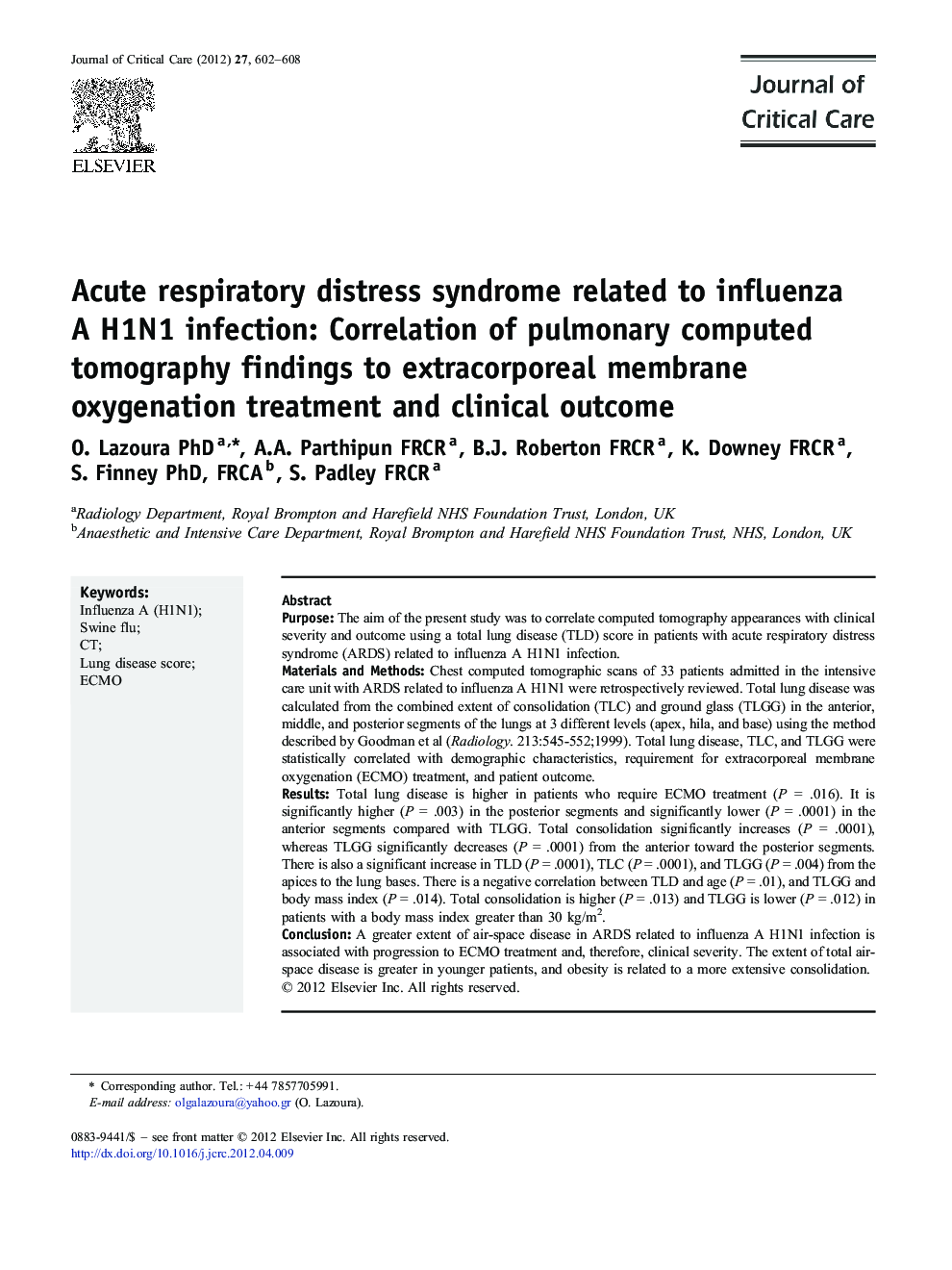 Acute respiratory distress syndrome related to influenza A H1N1 infection: Correlation of pulmonary computed tomography findings to extracorporeal membrane oxygenation treatment and clinical outcome