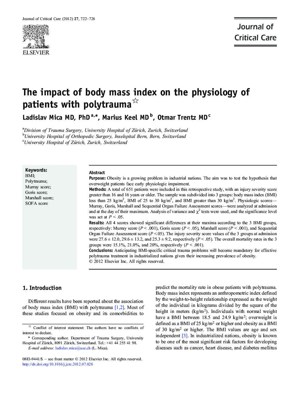 The impact of body mass index on the physiology of patients with polytrauma