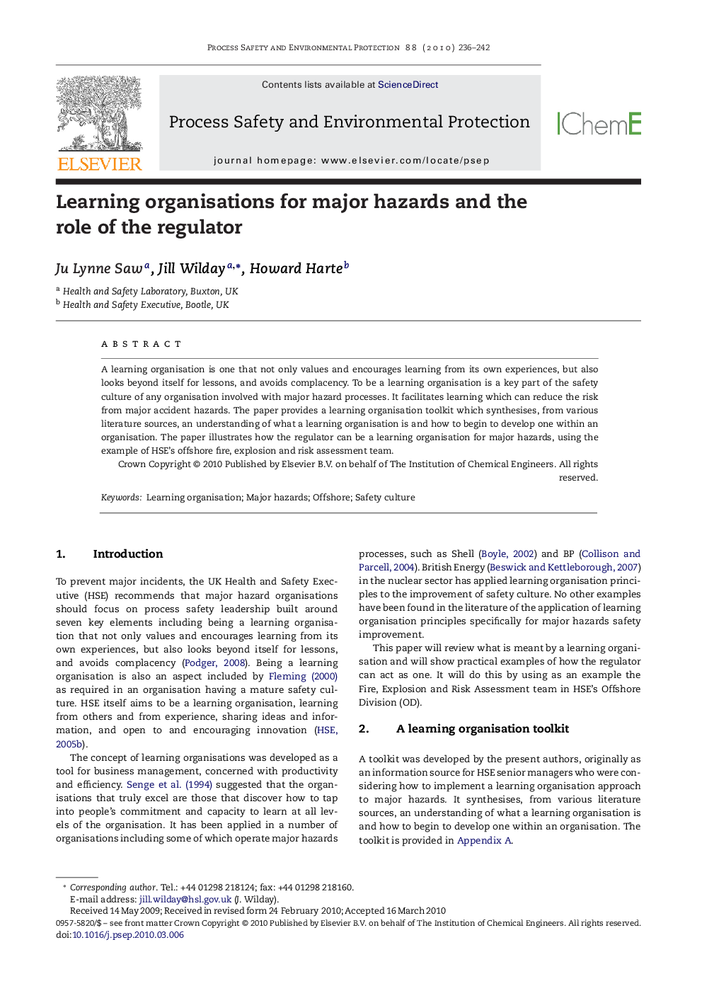 Learning organisations for major hazards and the role of the regulator