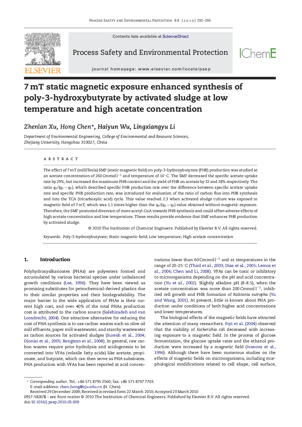 7Â mT static magnetic exposure enhanced synthesis of poly-3-hydroxybutyrate by activated sludge at low temperature and high acetate concentration