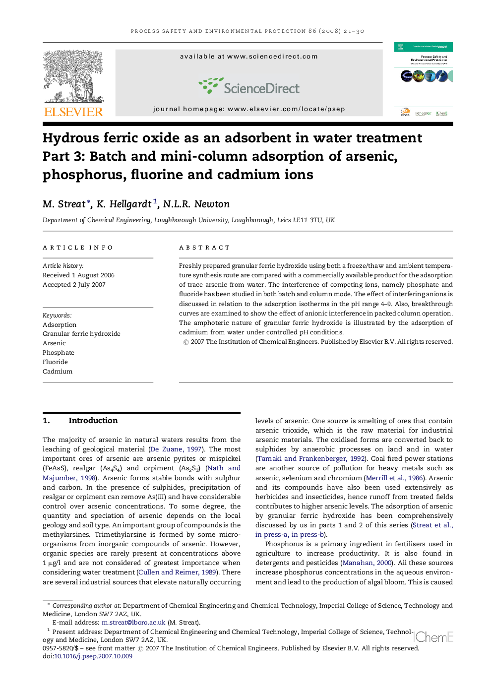 Hydrous ferric oxide as an adsorbent in water treatment: Part 3: Batch and mini-column adsorption of arsenic, phosphorus, fluorine and cadmium ions