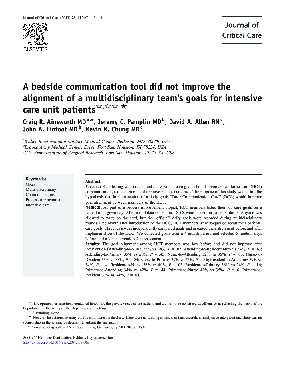 A bedside communication tool did not improve the alignment of a multidisciplinary team's goals for intensive care unit patientsâ