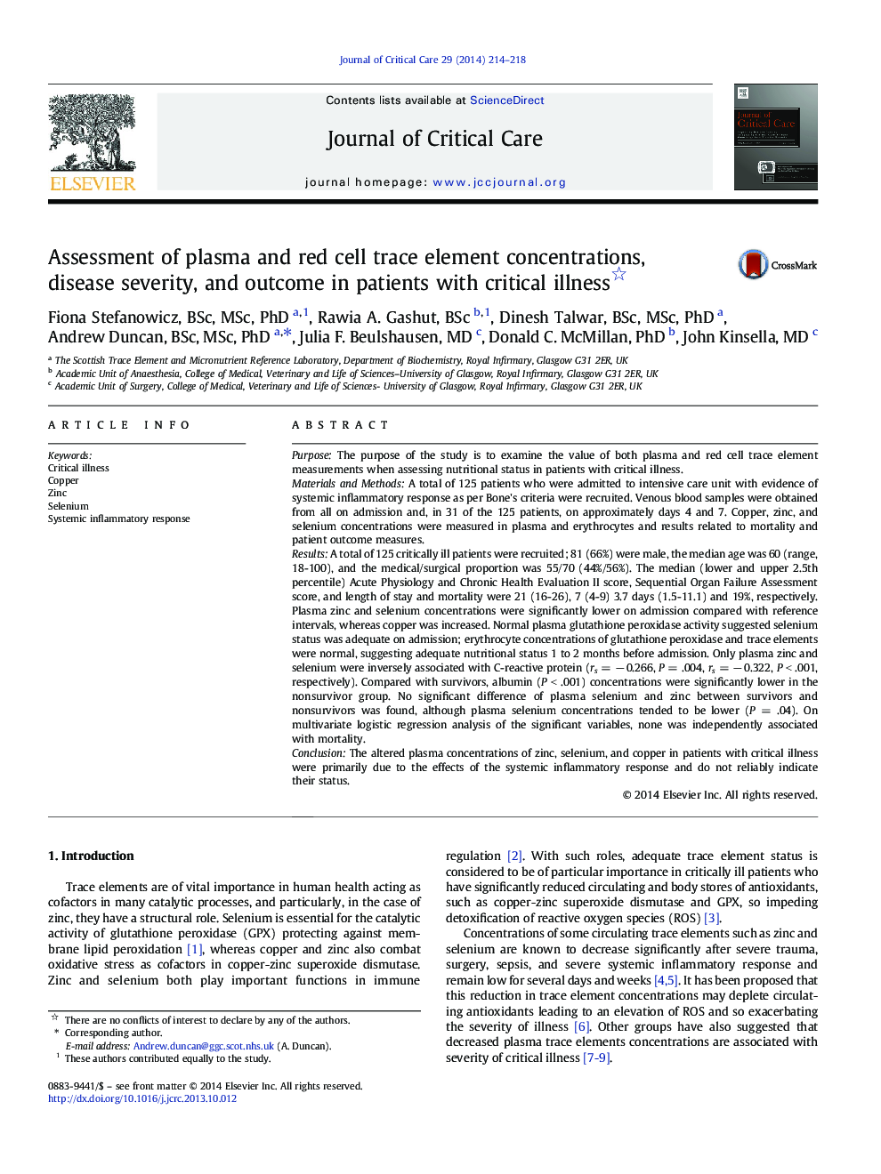 Assessment of plasma and red cell trace element concentrations, disease severity, and outcome in patients with critical illness