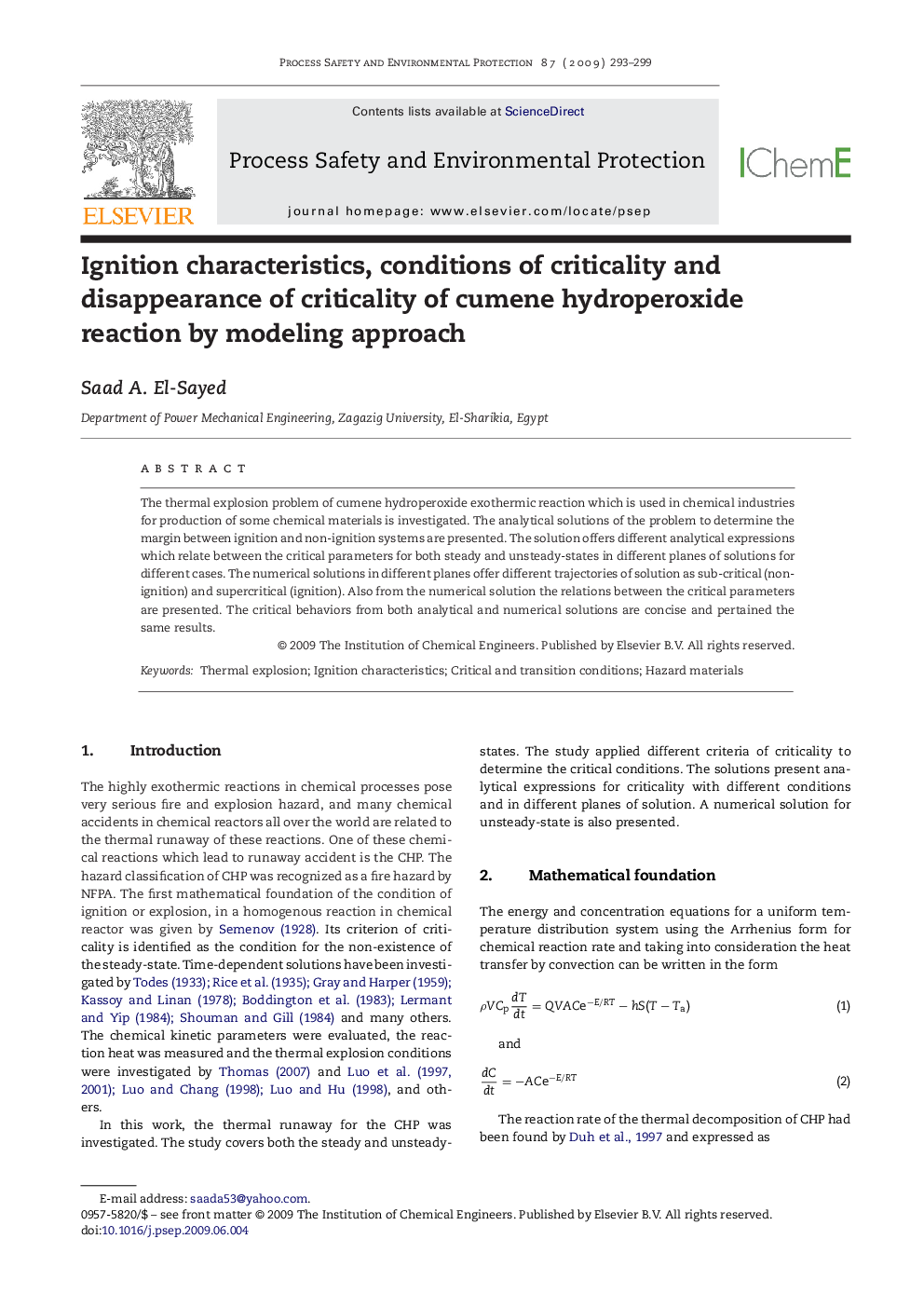 Ignition characteristics, conditions of criticality and disappearance of criticality of cumene hydroperoxide reaction by modeling approach