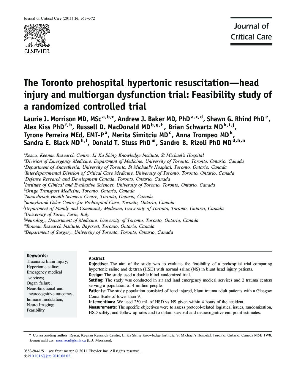 Head TraumaThe Toronto prehospital hypertonic resuscitation-head injury and multiorgan dysfunction trial: Feasibility study of a randomized controlled trial