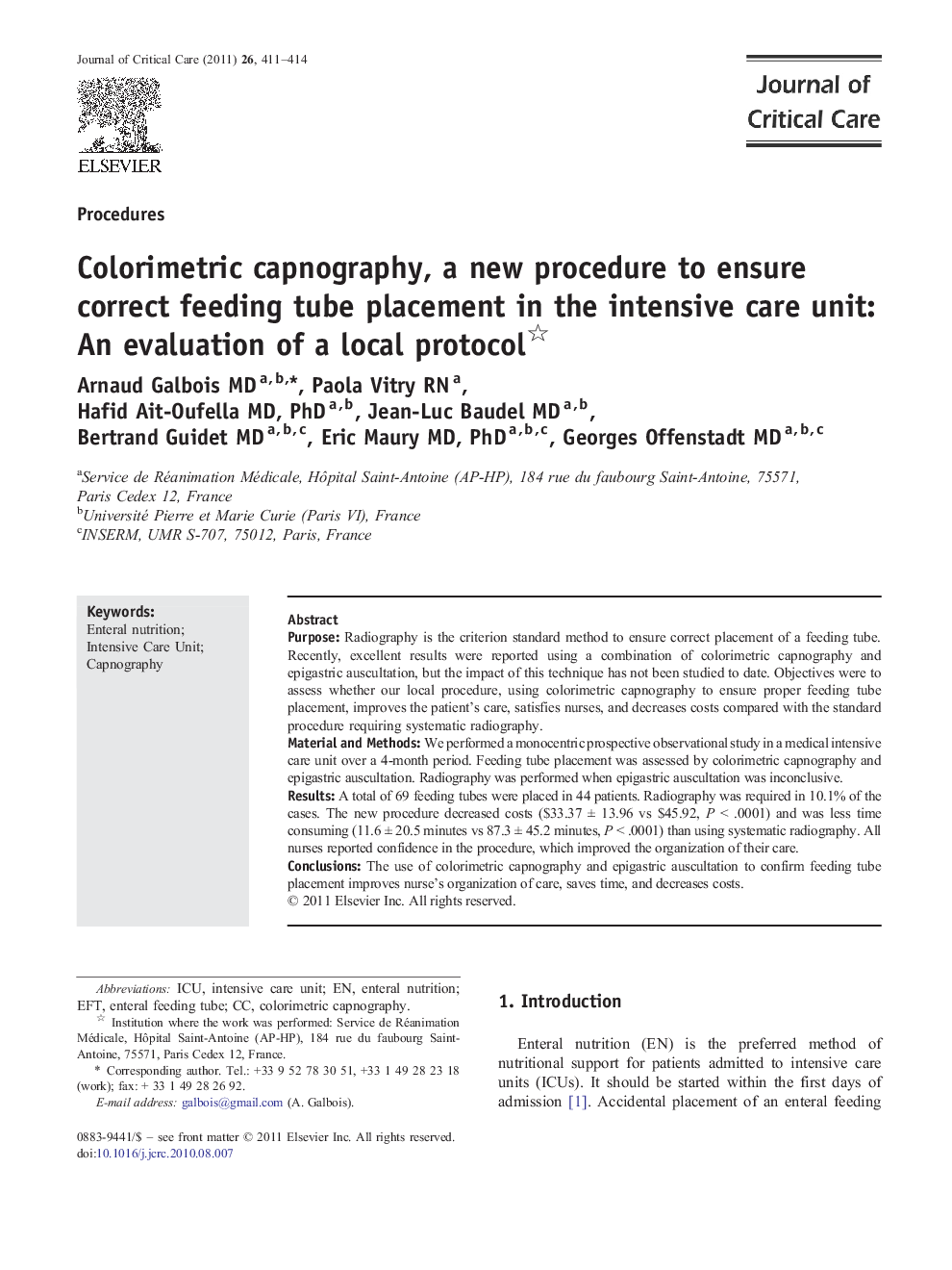 Colorimetric capnography, a new procedure to ensure correct feeding tube placement in the intensive care unit: An evaluation of a local protocol