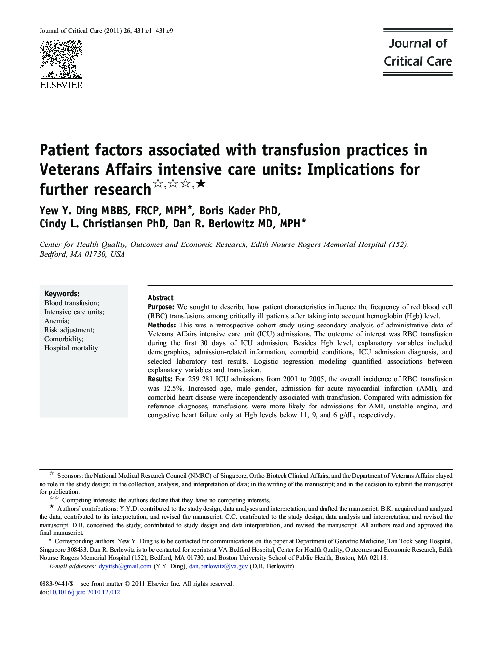 Patient factors associated with transfusion practices in Veterans Affairs intensive care units: Implications for further researchâ