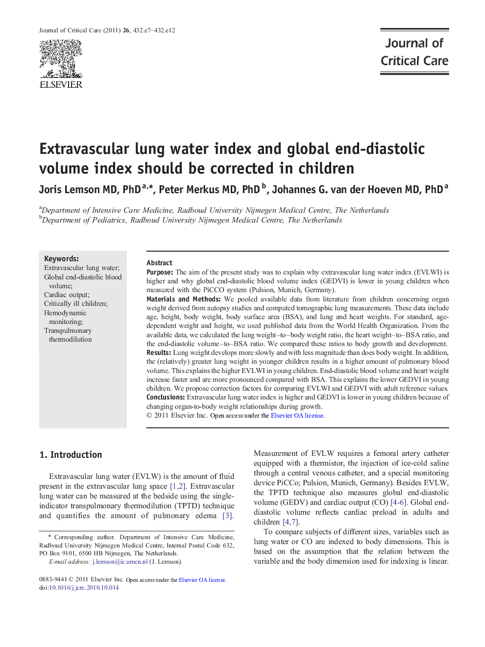 Extravascular lung water index and global end-diastolic volume index should be corrected in children