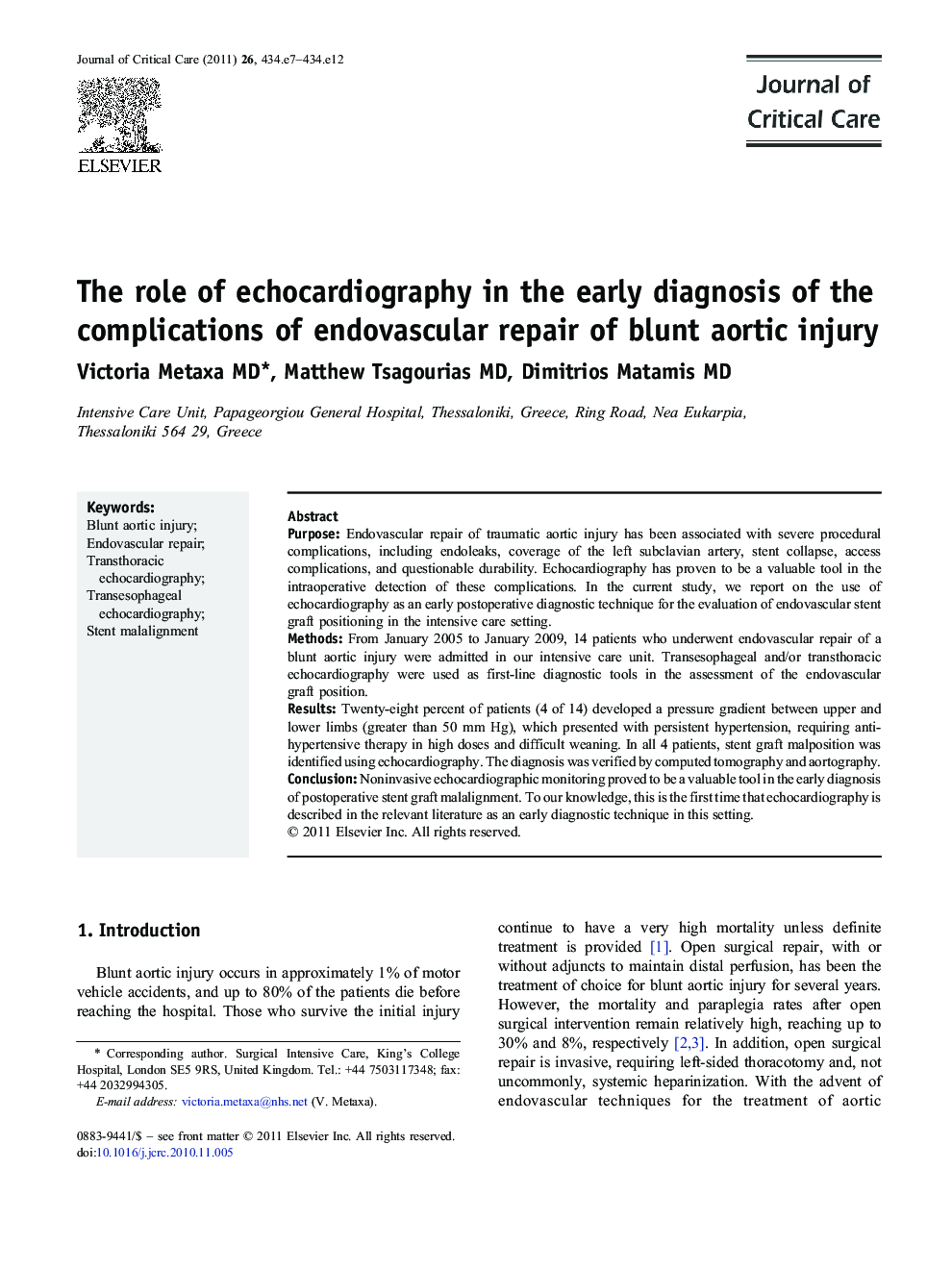 The role of echocardiography in the early diagnosis of the complications of endovascular repair of blunt aortic injury