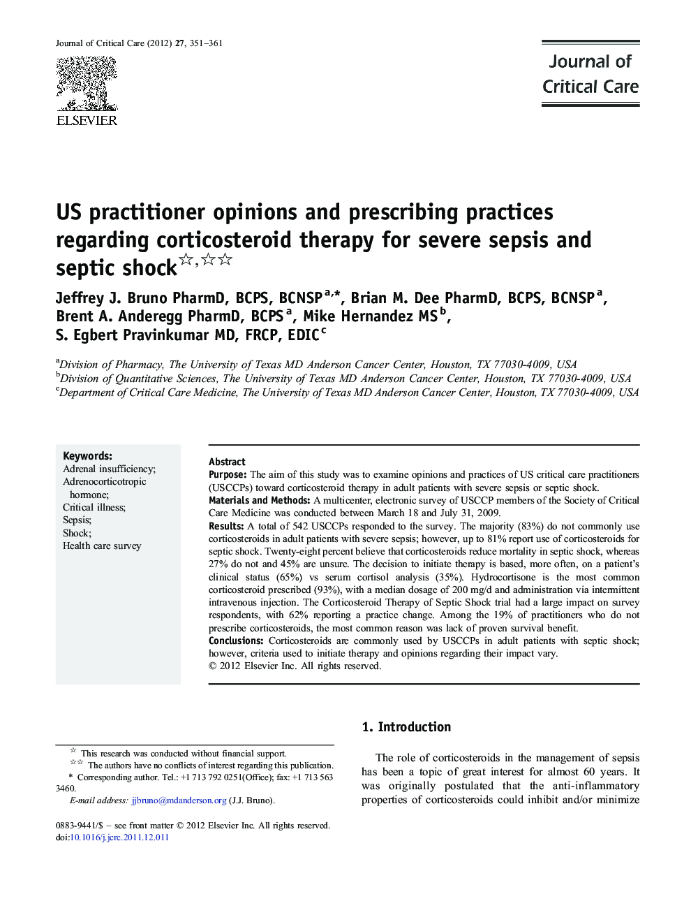 US practitioner opinions and prescribing practices regarding corticosteroid therapy for severe sepsis and septic shock