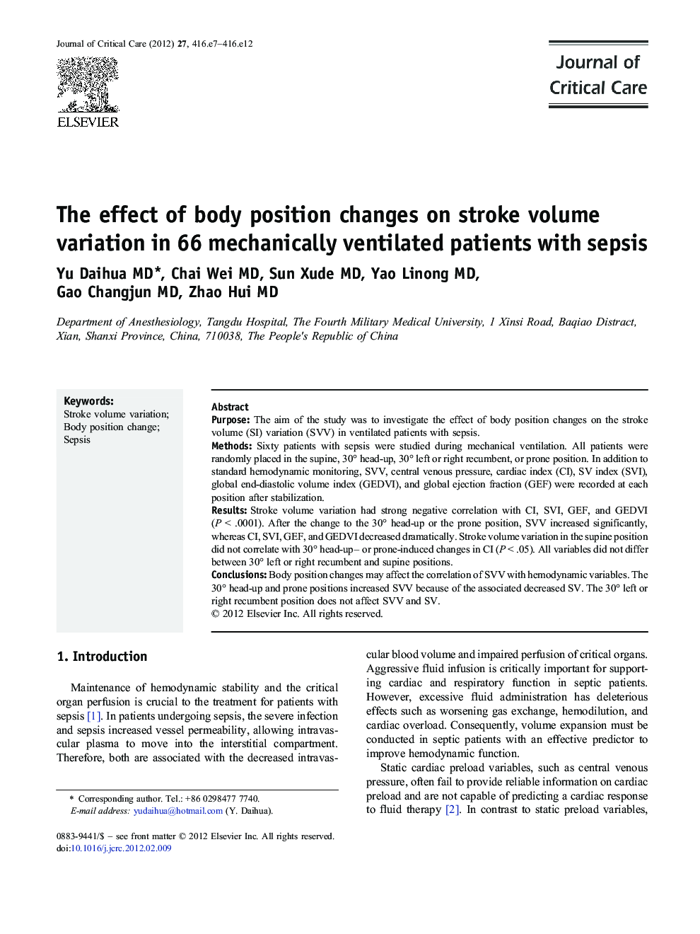 The effect of body position changes on stroke volume variation in 66 mechanically ventilated patients with sepsis