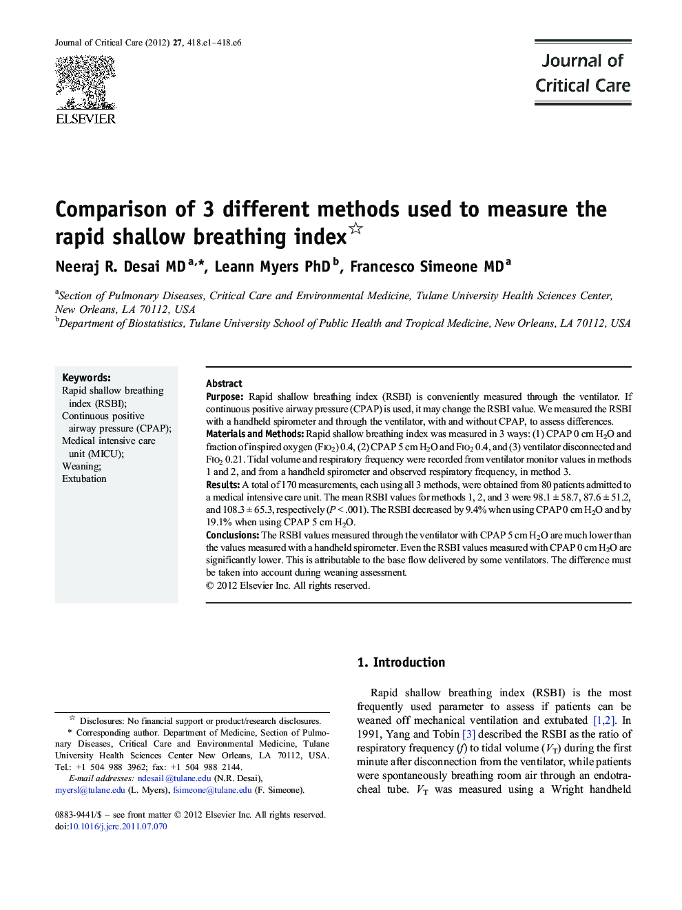 Comparison of 3 different methods used to measure the rapid shallow breathing index