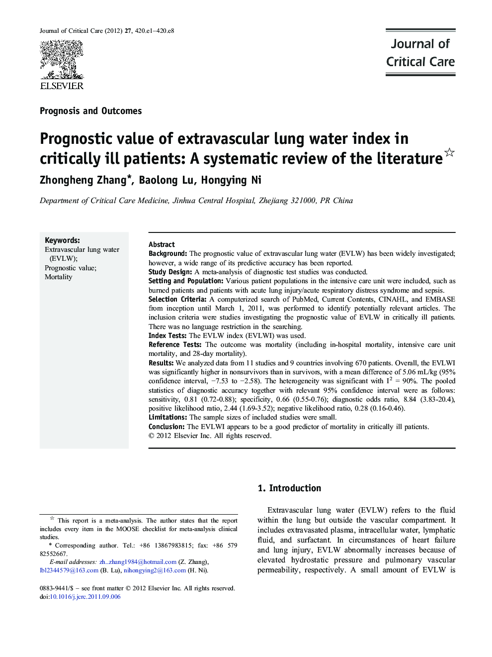 Prognostic value of extravascular lung water index in critically ill patients: A systematic review of the literature