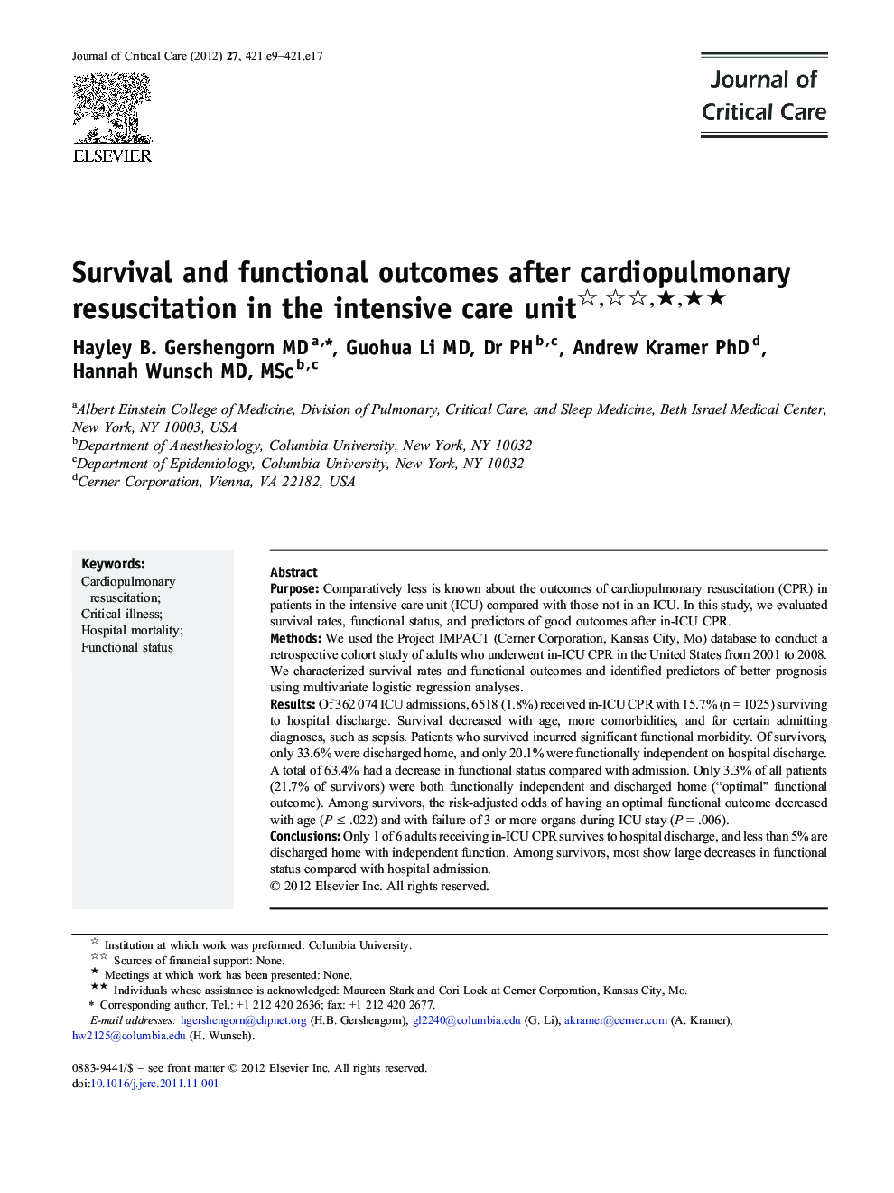 Survival and functional outcomes after cardiopulmonary resuscitation in the intensive care unit