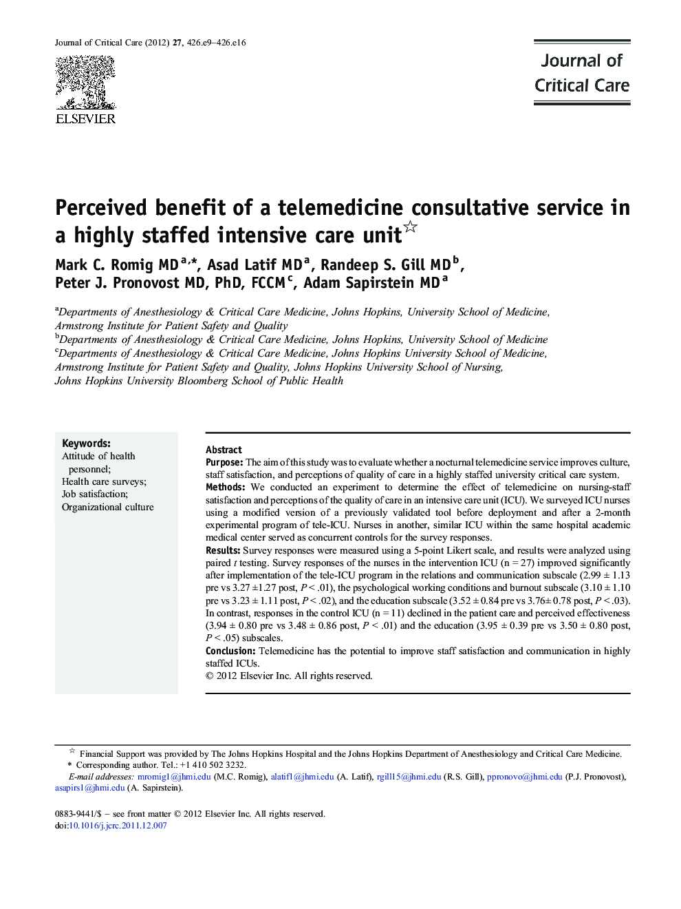 CommunicationPerceived benefit of a telemedicine consultative service in a highly staffed intensive care unit