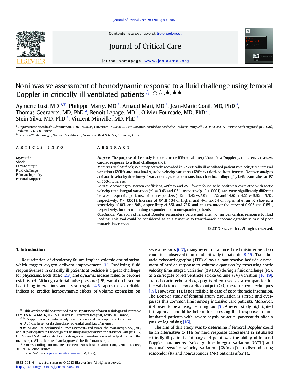 Technology/MonitoringNoninvasive assessment of hemodynamic response to a fluid challenge using femoral Doppler in critically ill ventilated patientsâââ