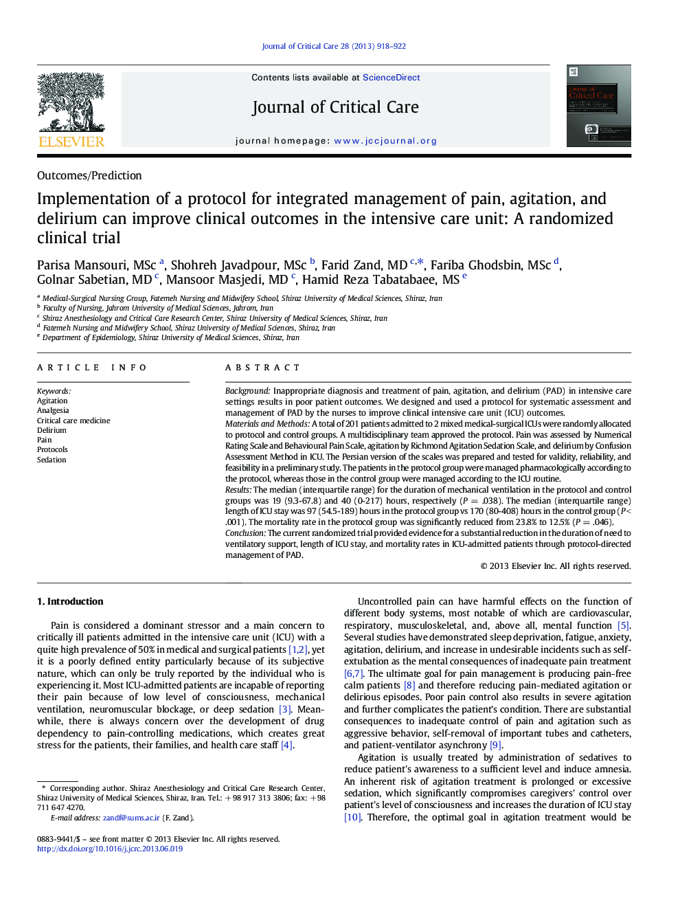 Implementation of a protocol for integrated management of pain, agitation, and delirium can improve clinical outcomes in the intensive care unit: A randomized clinical trial