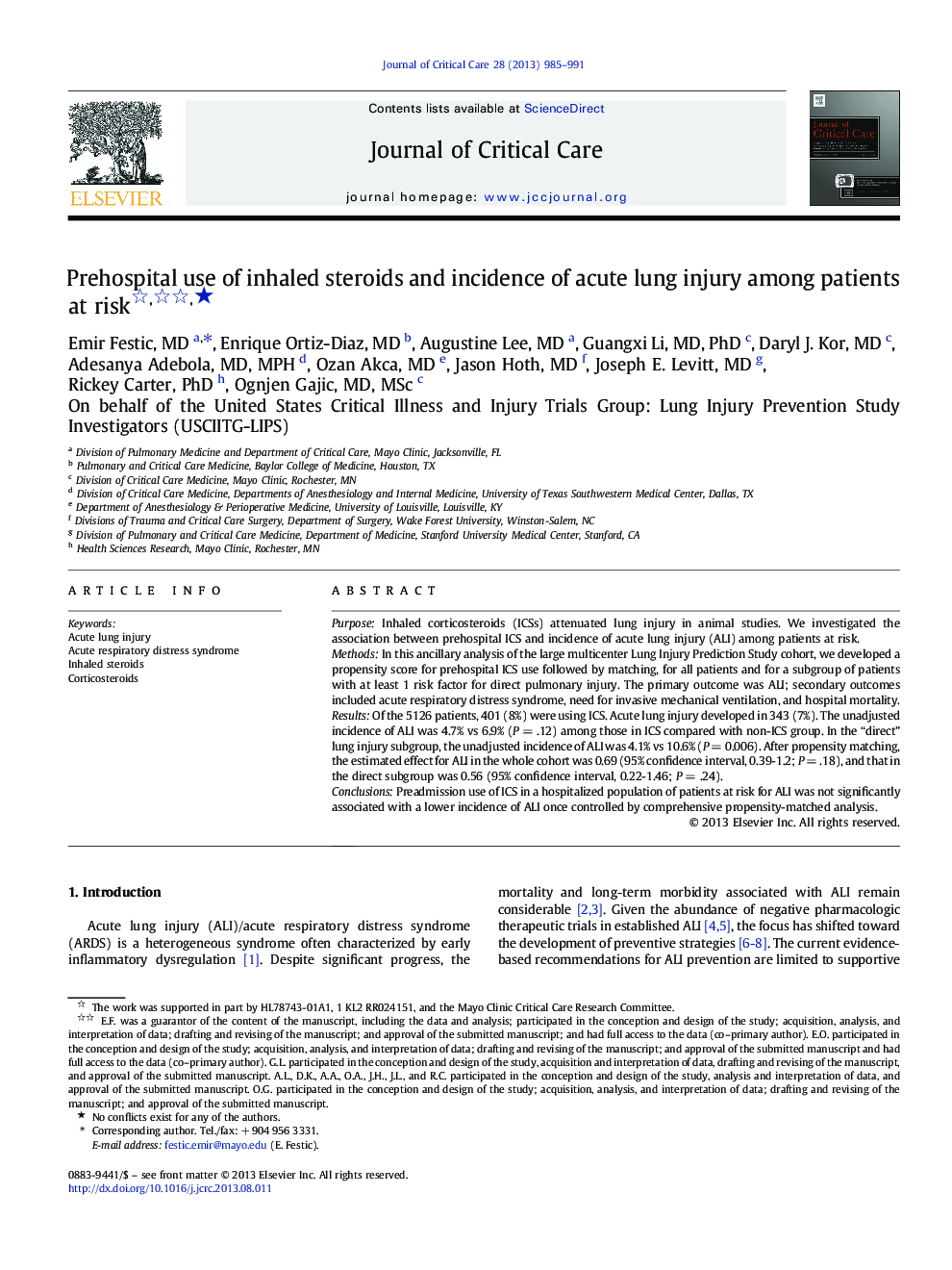 Prehospital use of inhaled steroids and incidence of acute lung injury among patients at risk