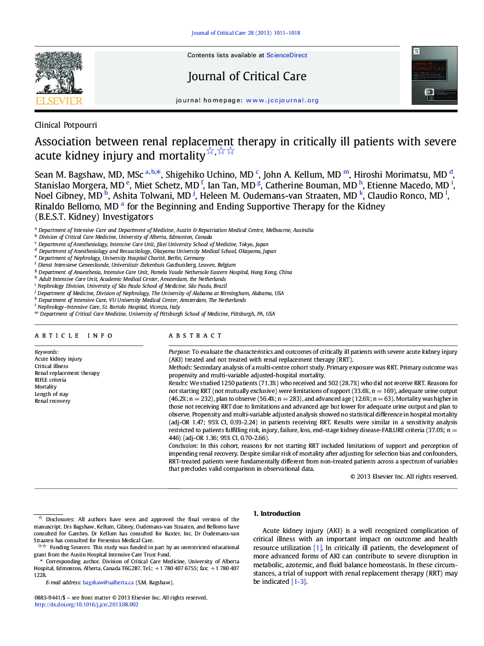 Clinical PotpourriAssociation between renal replacement therapy in critically ill patients with severe acute kidney injury and mortality