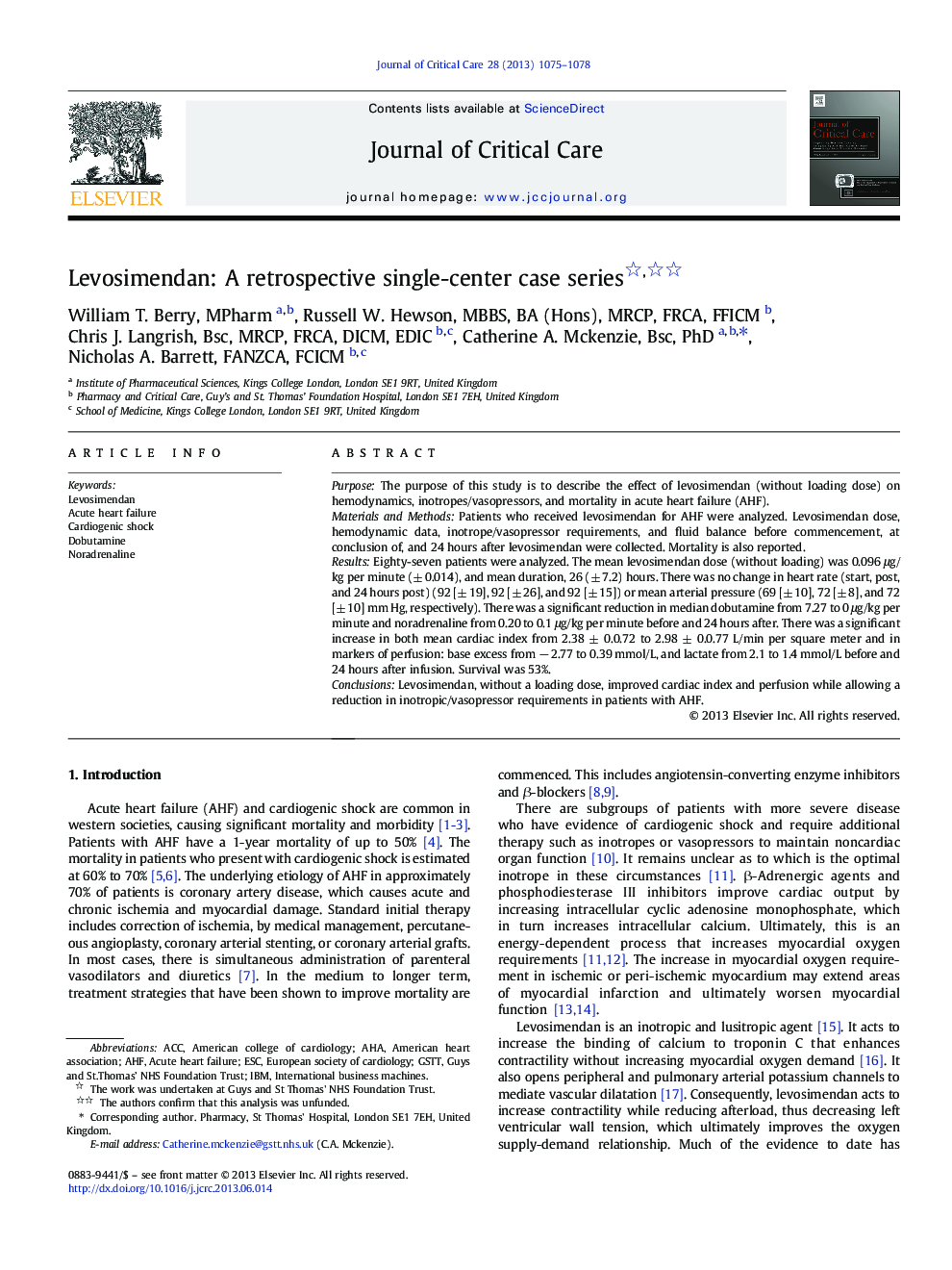 Levosimendan: A retrospective single-center case series