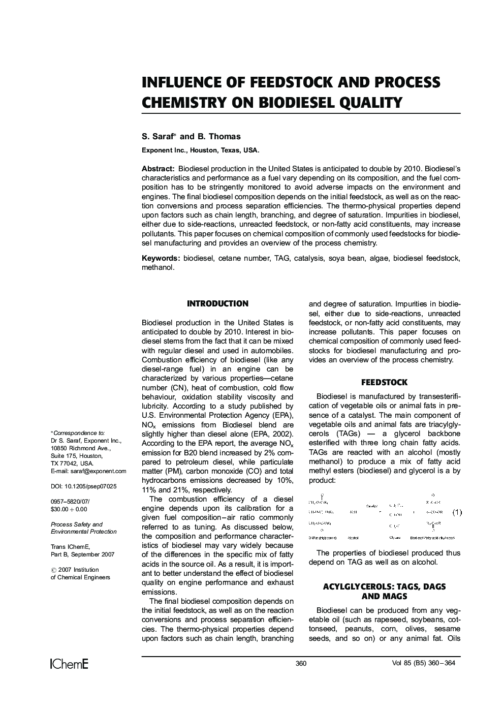 Influence of Feedstock and Process Chemistry on Biodiesel Quality