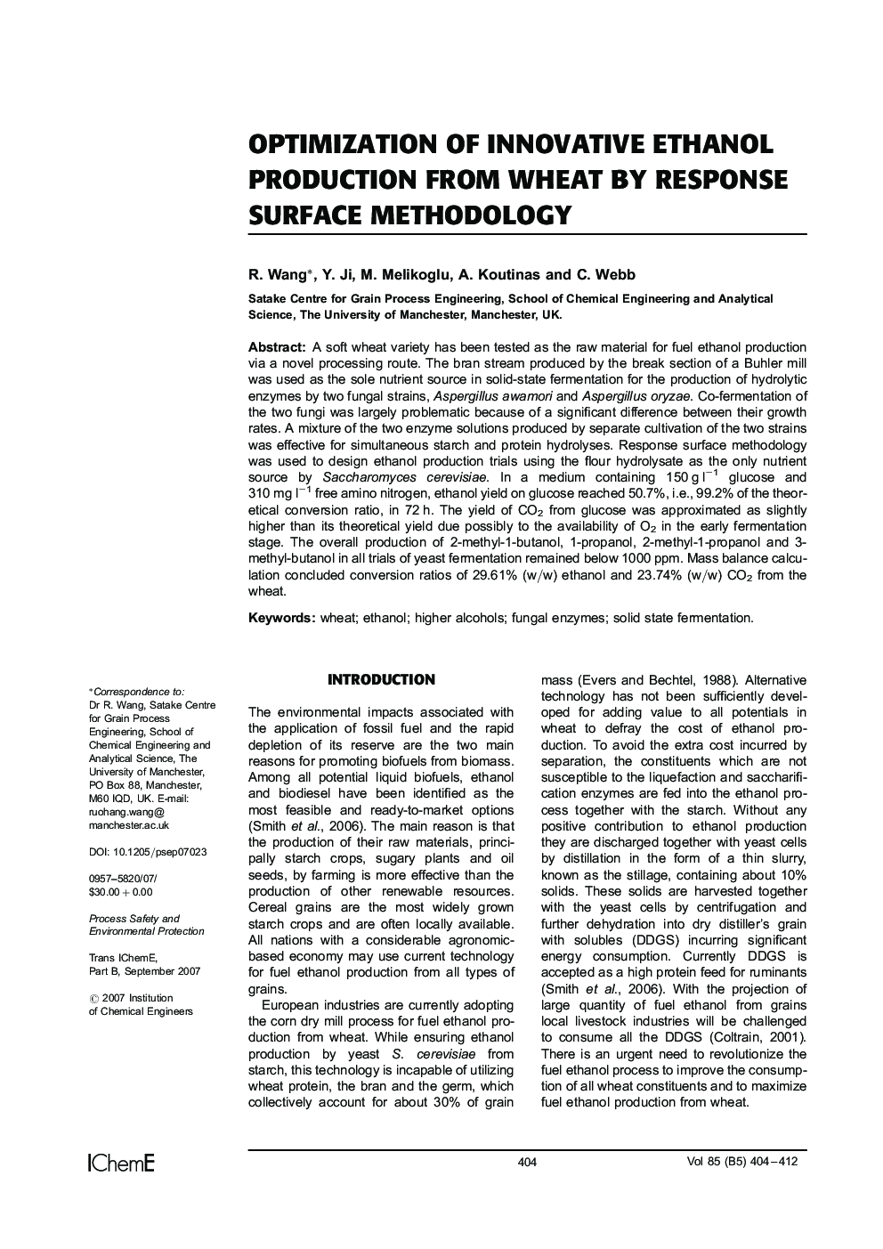 Optimization of Innovative Ethanol Production from Wheat by Response Surface Methodology