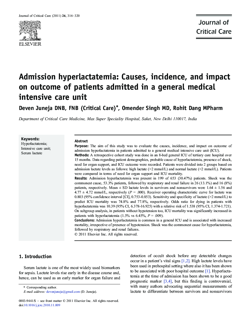 Admission hyperlactatemia: Causes, incidence, and impact on outcome of patients admitted in a general medical intensive care unit