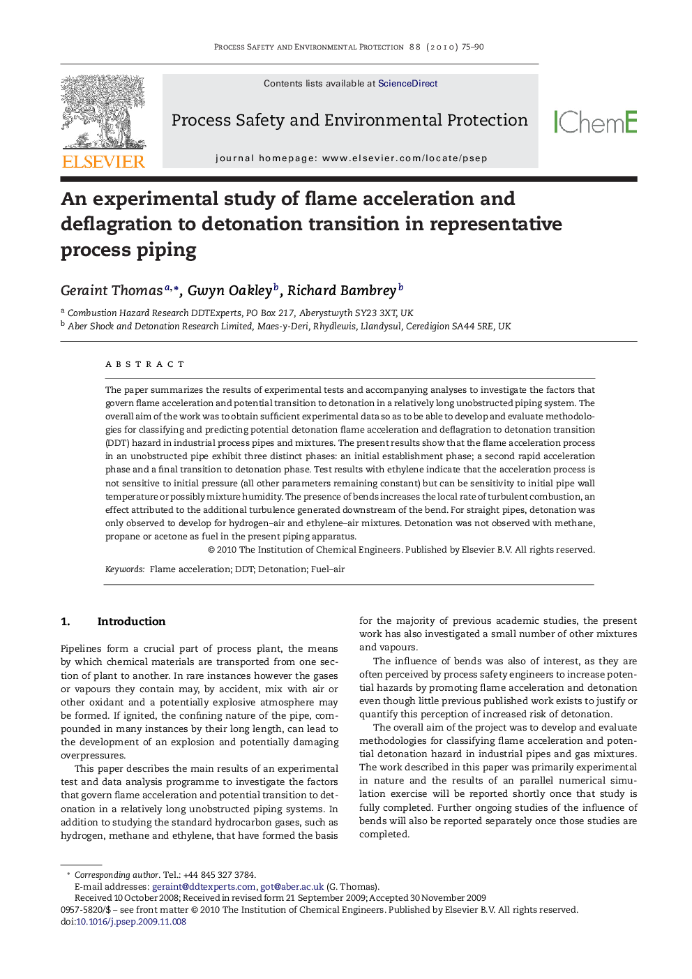 عکس صفحه اول مقاله: An experimental study of flame acceleration and deflagration to detonation transition in representative process piping An experimental study of flame acceleration and deflagration to detonation transition in representative process piping
