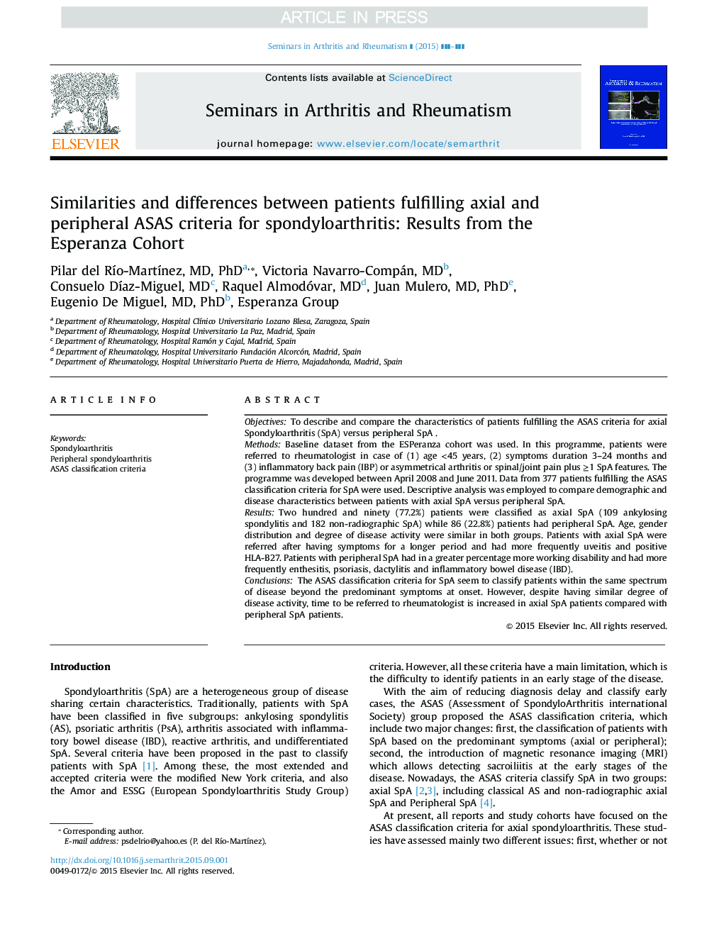 Similarities and differences between patients fulfilling axial and peripheral ASAS criteria for spondyloarthritis: Results from the Esperanza Cohort