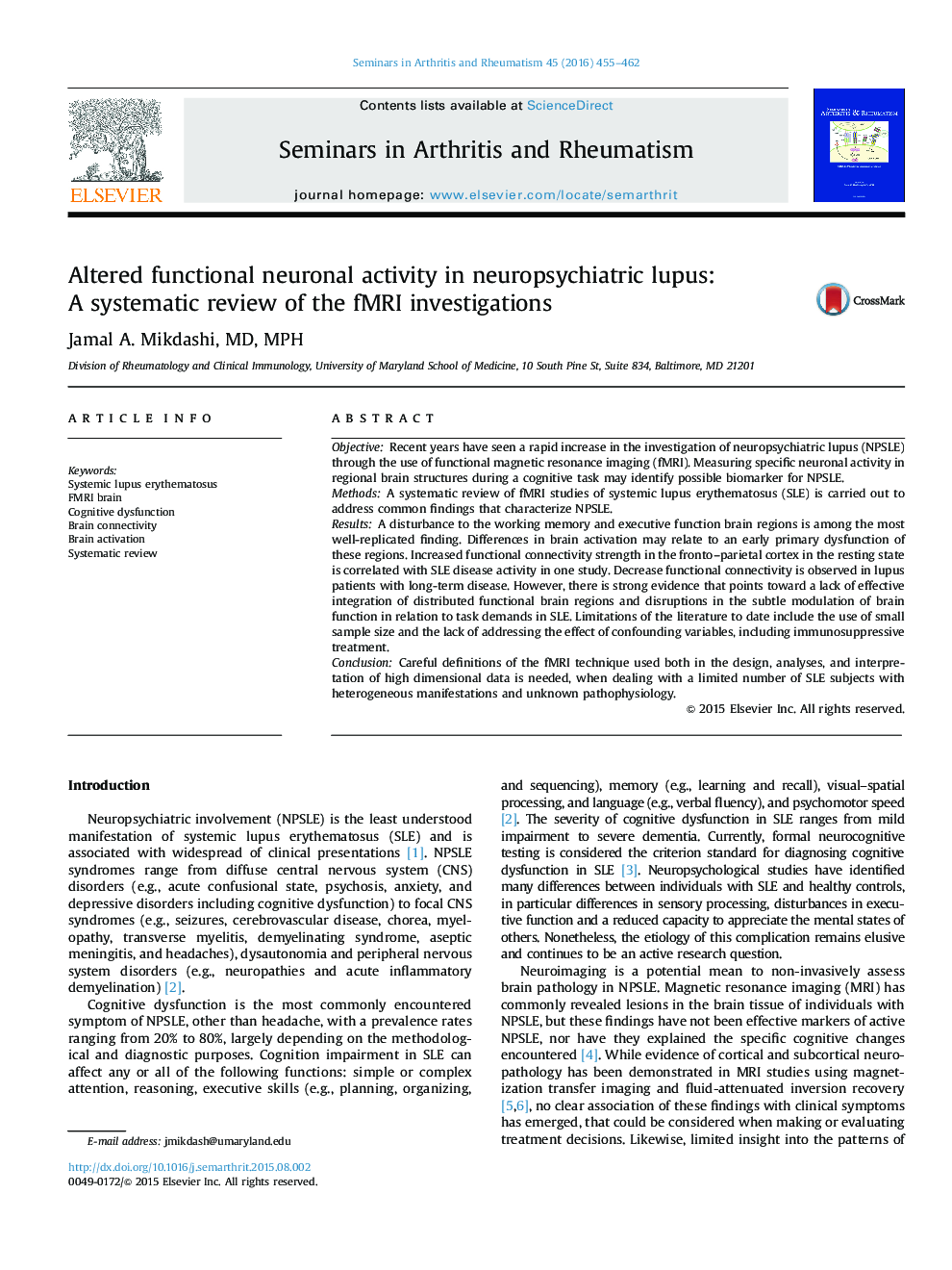 Altered functional neuronal activity in neuropsychiatric lupus: A systematic review of the fMRI investigations