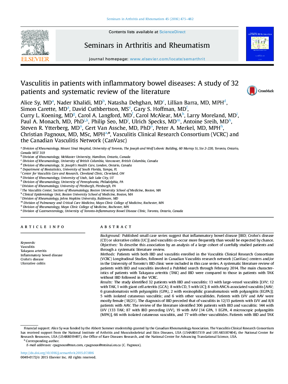 واسکولیت در بیماران مبتلا به بیماری های التهابی روده: مطالعه 32 بیمار و بررسی سیستماتیک ادبیات 