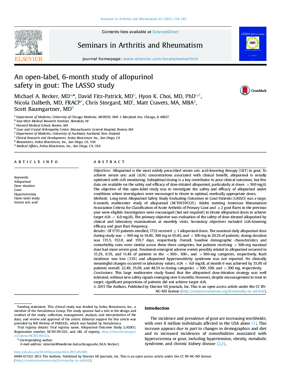 An open-label, 6-month study of allopurinol safety in gout: The LASSO study