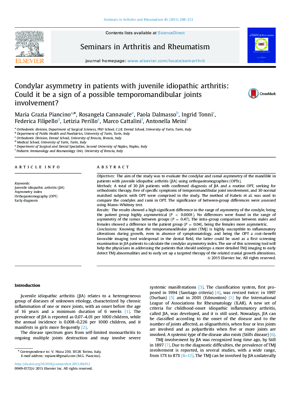 Condylar asymmetry in patients with juvenile idiopathic arthritis: Could it be a sign of a possible temporomandibular joints involvement?